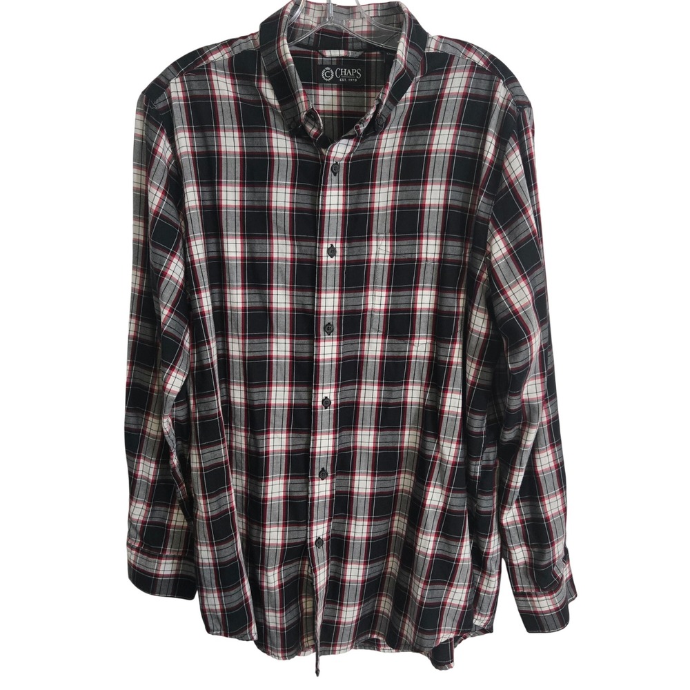 Chaps Plaid Button Down Shirt Mens Medium Black Gray Red Cotton Blend Casual